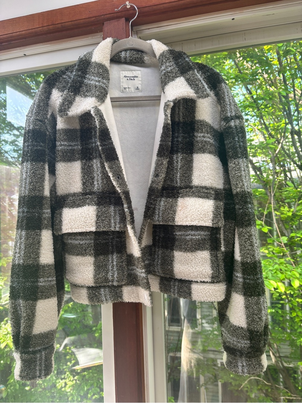 Abercrombie & Fitch Green and White Plaid Sherpa Jacket